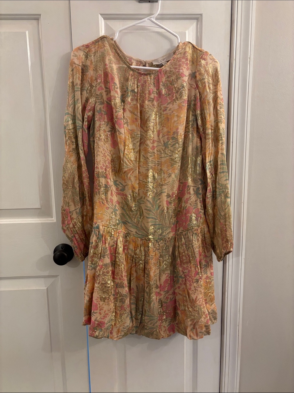 LOFT Pink and Gold Floral Long-Sleeve Mini Dress